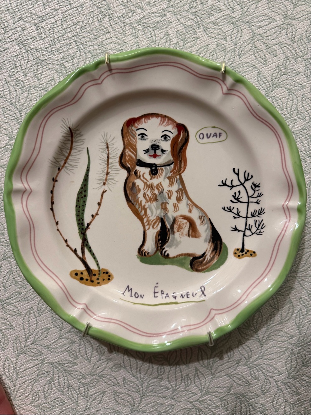 Nathalie Lete Dog Plate - Green Trim - “OUAF”